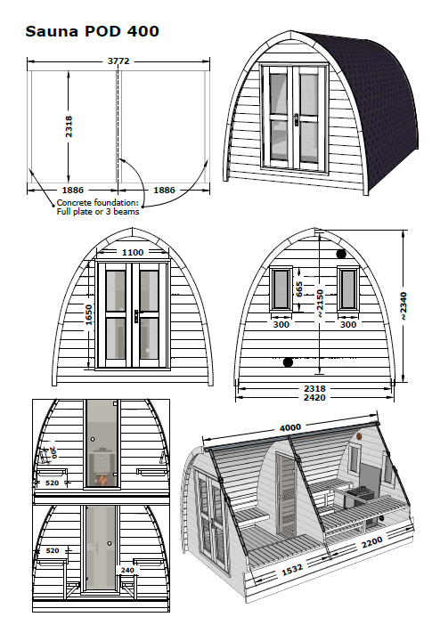 Diagrama da Saunamo Pod, sauna inovadora em madeira.