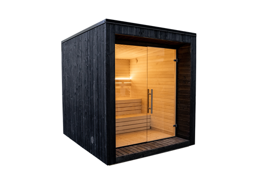 Sauna LUMI com porta de vidro e design minimalista nórdico.