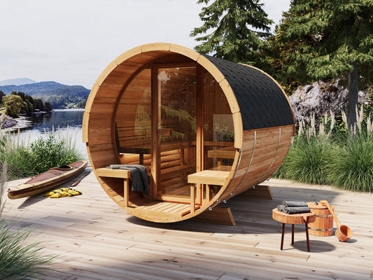 Sauna Barrel 280 Deluxe con vista lago.