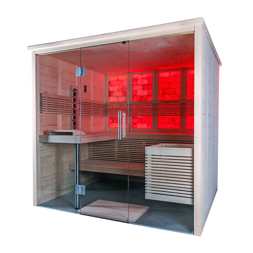 Himalaya+ infrared sauna with glass doors.