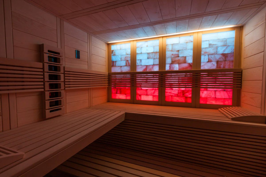 Himalaya+ infrared sauna with adjustable lighting.