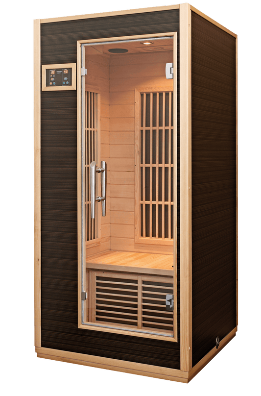 Sauna radiante a infrarossi con porta in vetro e display digitale.