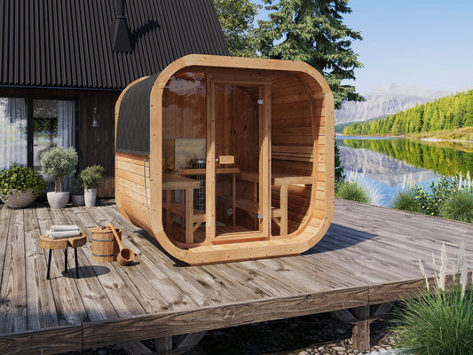 Sauna extérieur Cube 220 sur une terrasse en bois, vue extérieure.