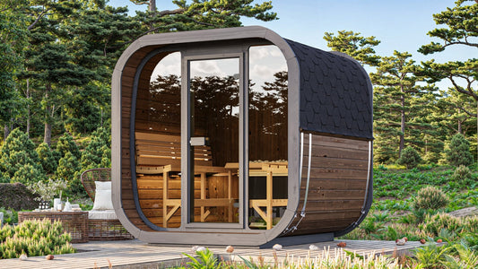 Sauna esterna Cube 220 con porta in vetro e struttura in legno.
