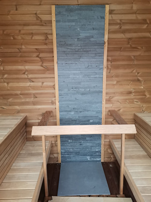 Cubus outdoor sauna in wood and glass, modern design.