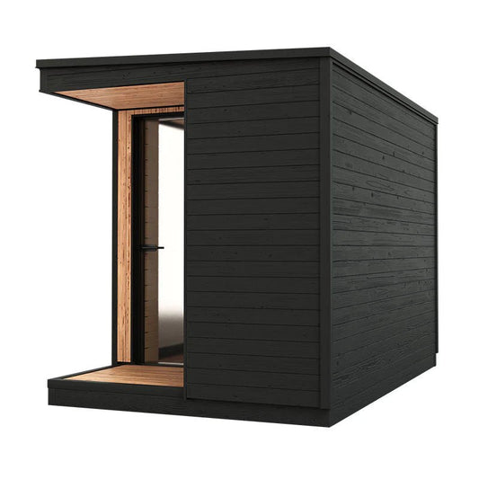 Helsinki L sauna esterna con doccia, porta aperta.