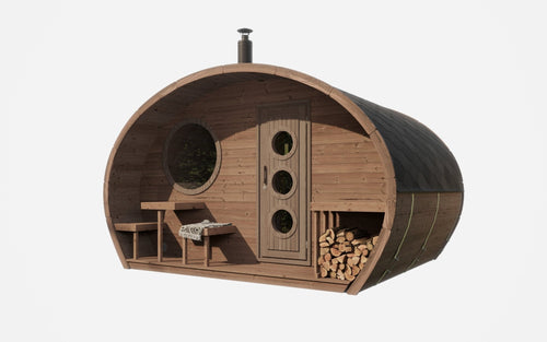 Hobbit 300 outdoor sauna with round door and fireplace.
