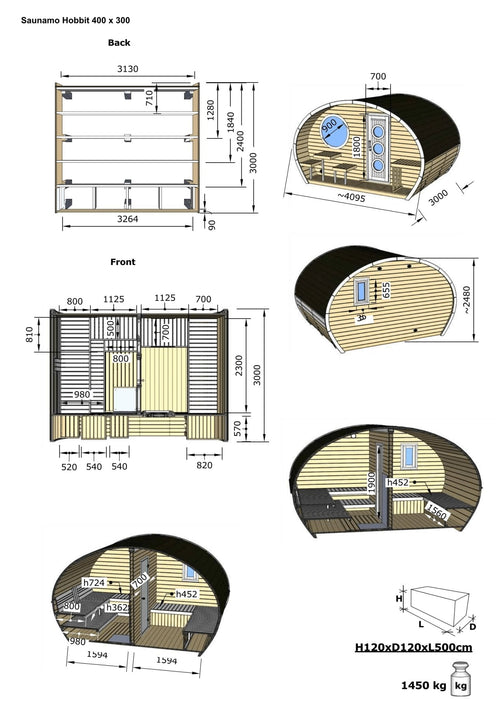Hobbit 300 outdoor sauna, diagram and detailed dimensions.