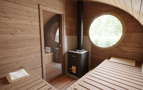 Hobbit 300 outdoor sauna with round window in wooden room.