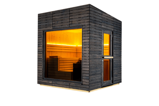 Sauna esterna isolata Alpine con finestra e illuminazione.