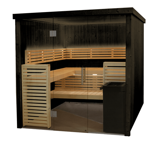 Sauna Fenix con porte in vetro e panche in legno.