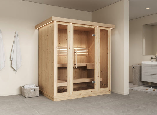 Mini sauna intérieur avec portes en verre.