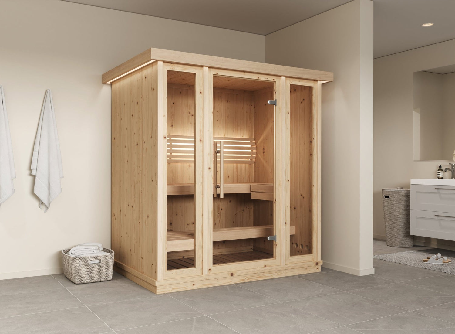 Mini sauna intérieur avec portes en verre.