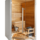 Sirius Corner sauna with glass door and bucket.