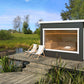 Sauna exterior Saunamo Modular em um deck com cadeiras.