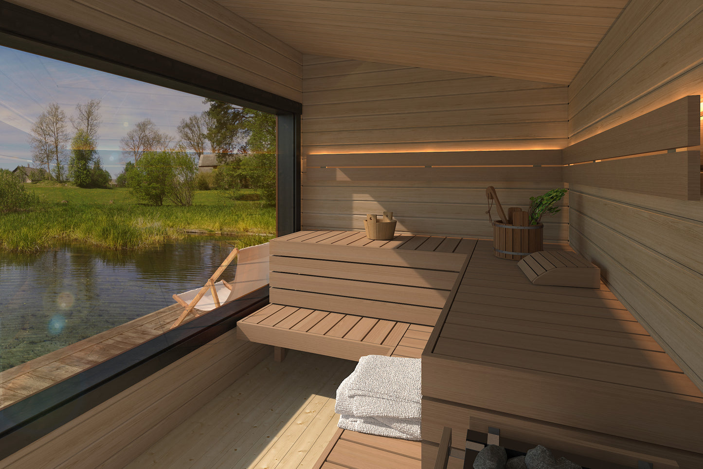 Sauna exterior Saunamo Modular com vista para lago e gramado.