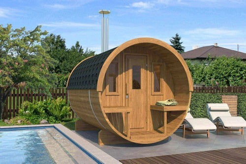 Outdoor sauna Barrel 250 next to swimming pool.