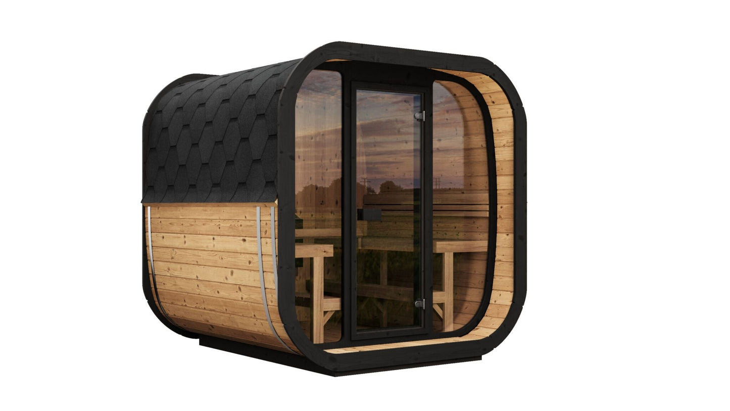 Sauna moderna Cube 220 com porta de vidro e banco.