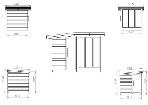 Deluxe outdoor sauna in detailed technical drawing.