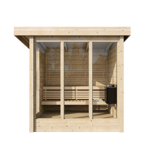 Deluxe outdoor sauna with modern design and glass windows.