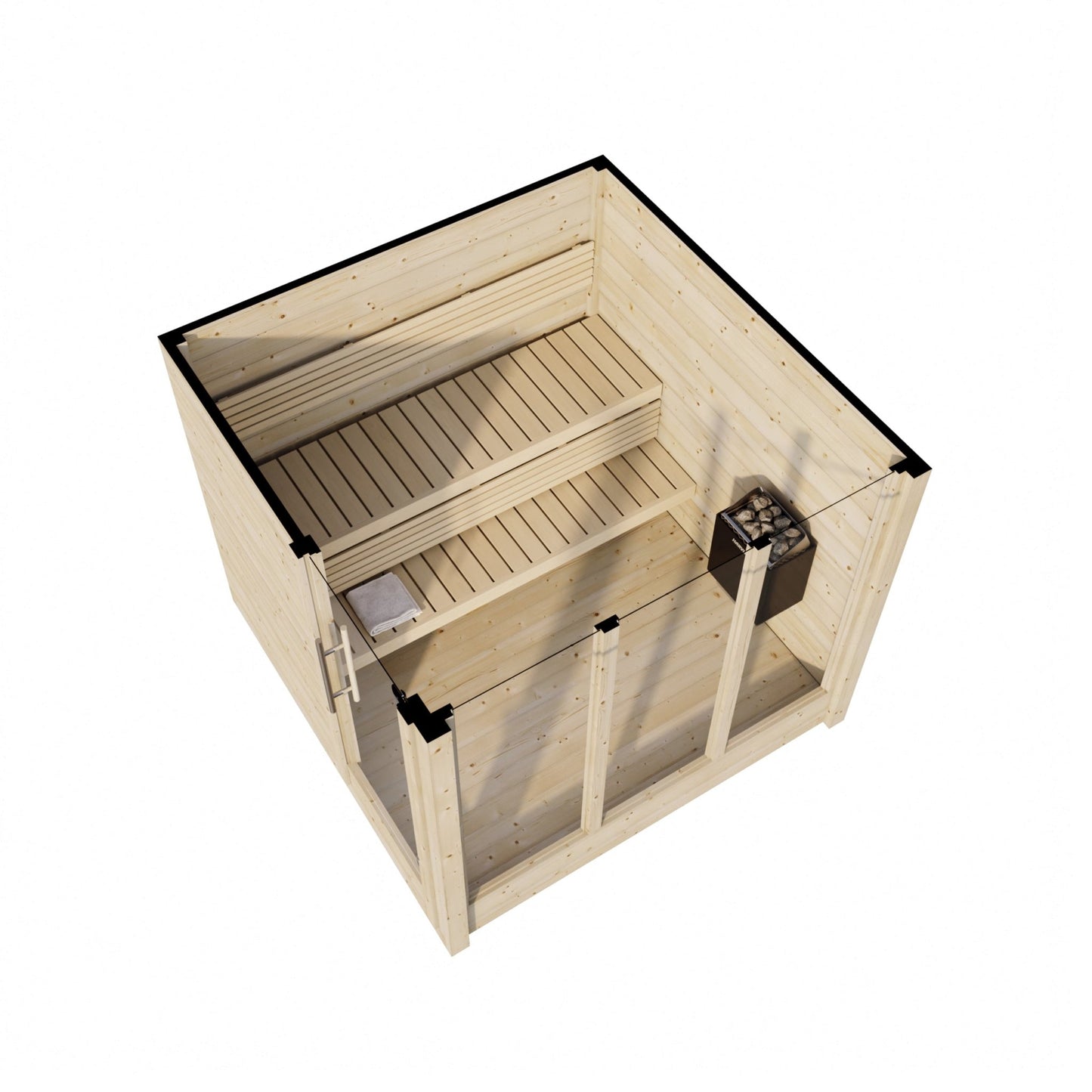 Sauna de madeira Saunamo Deluxe com portas de vidro.