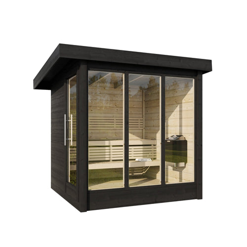 Deluxe outdoor sauna with glass doors and internal seating.