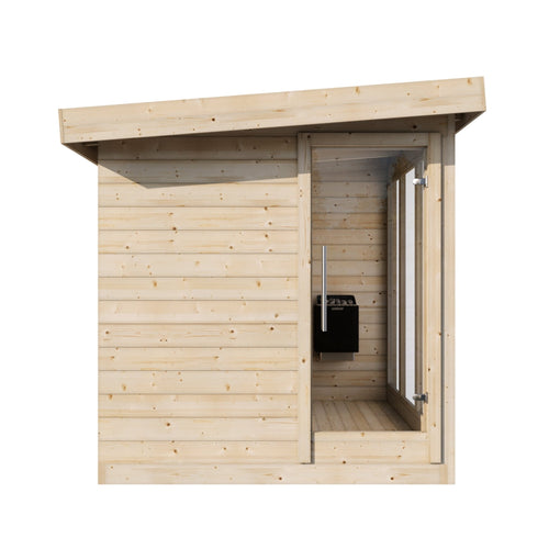 Deluxe outdoor sauna with open door and internal grill.