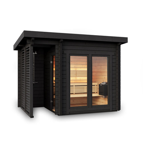 Deluxe Plus outdoor sauna with glazed façade and internal bench.