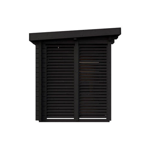 Deluxe Plus outdoor sauna with sloping roof and glazed façade.