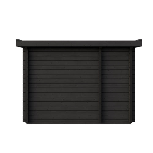 Deluxe Plus outdoor sauna with glass façade and shower area.