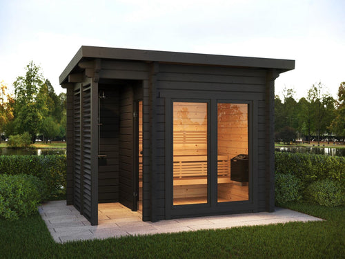 Deluxe Plus outdoor sauna in the garden.