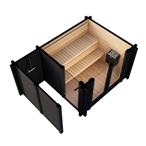 Deluxe Plus outdoor sauna with bathtub and bucket.