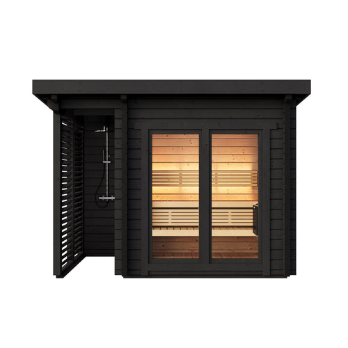 Deluxe Plus outdoor sauna with glazed façade and internal bench.