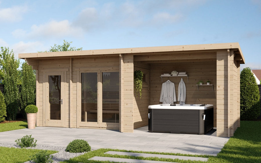 Deluxe outdoor sauna spa with integrated jacuzzi and changing room.