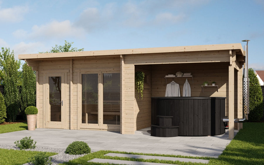 Deluxe outdoor sauna spa with hot tub and changing room.