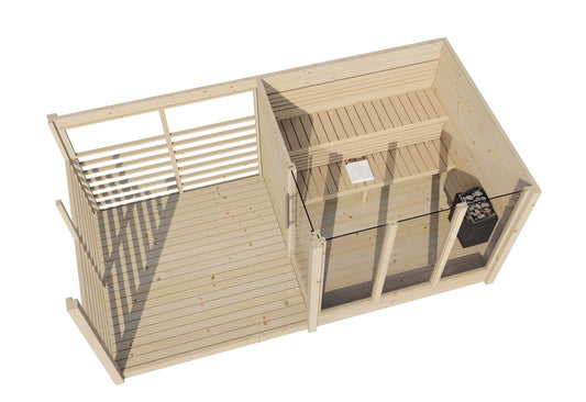 Sauna esterna Deluxe Terrace con facciata vetrata e terrazza coperta.
