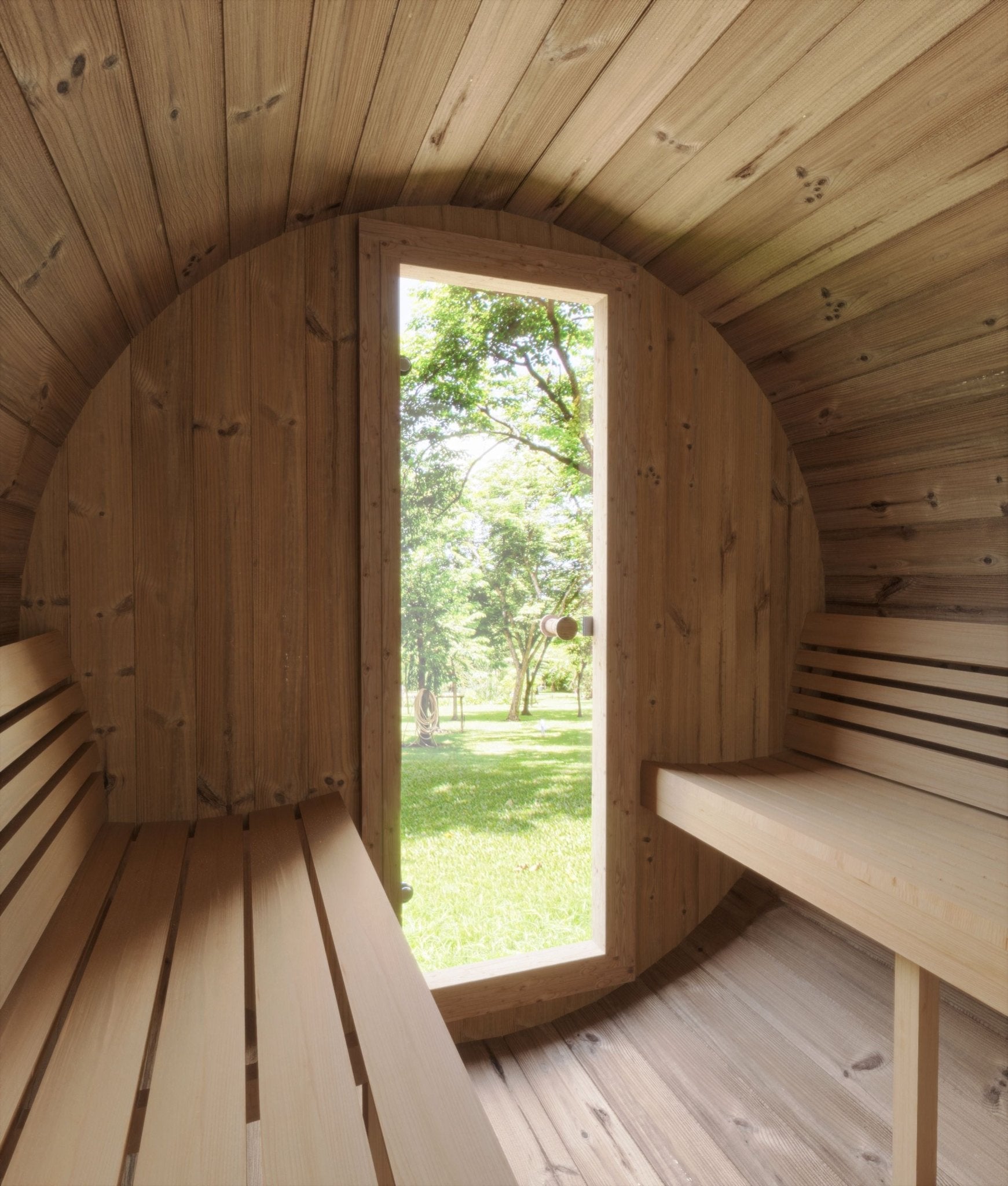 Sauna Saunamo Ergo em ambiente interno com janela.