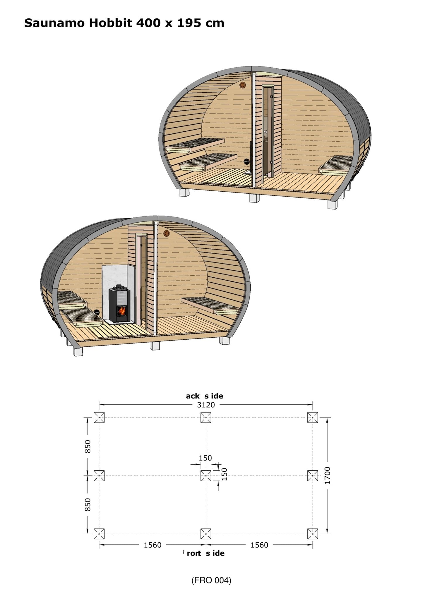 Desenho da sauna exterior Saunamo Hobbit 195 em madeira