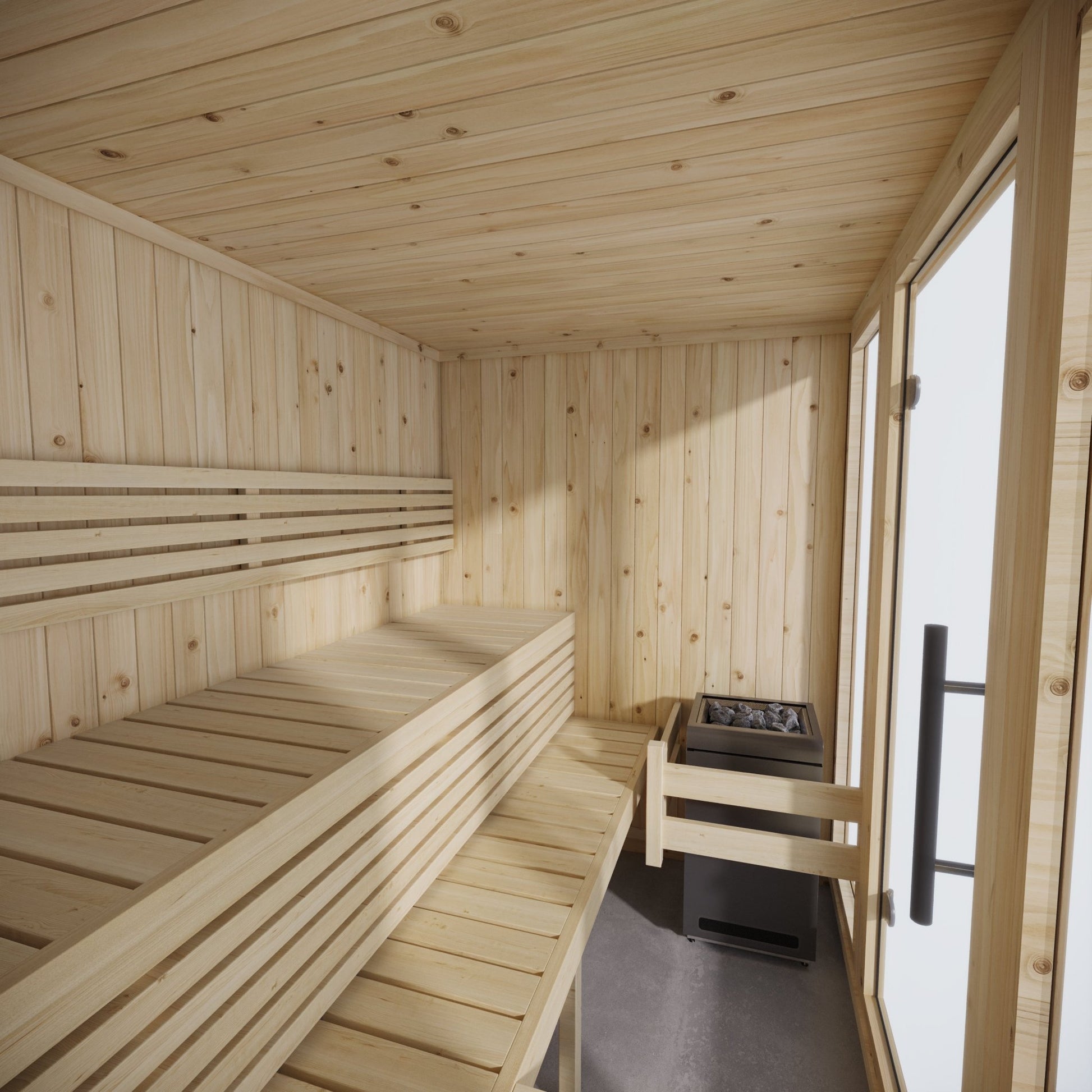 Sauna Interior Grande de madeira com janelas e bancos.