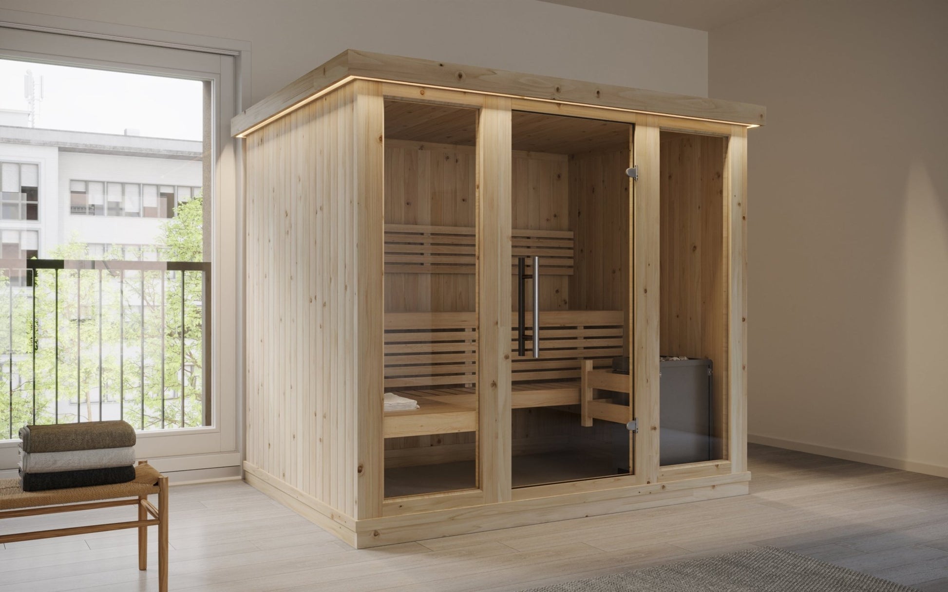 Sauna Interior Grande com portas de vidro temperado.