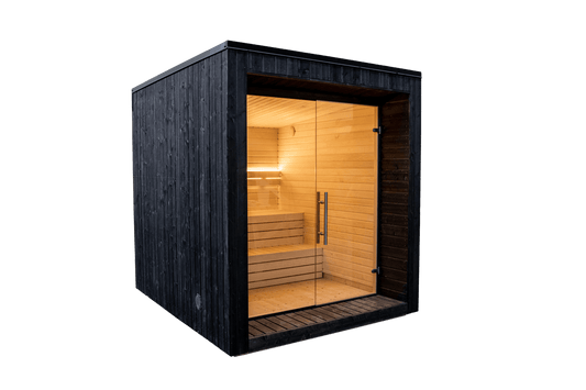 Sauna esterna Lumi con porta in vetro.