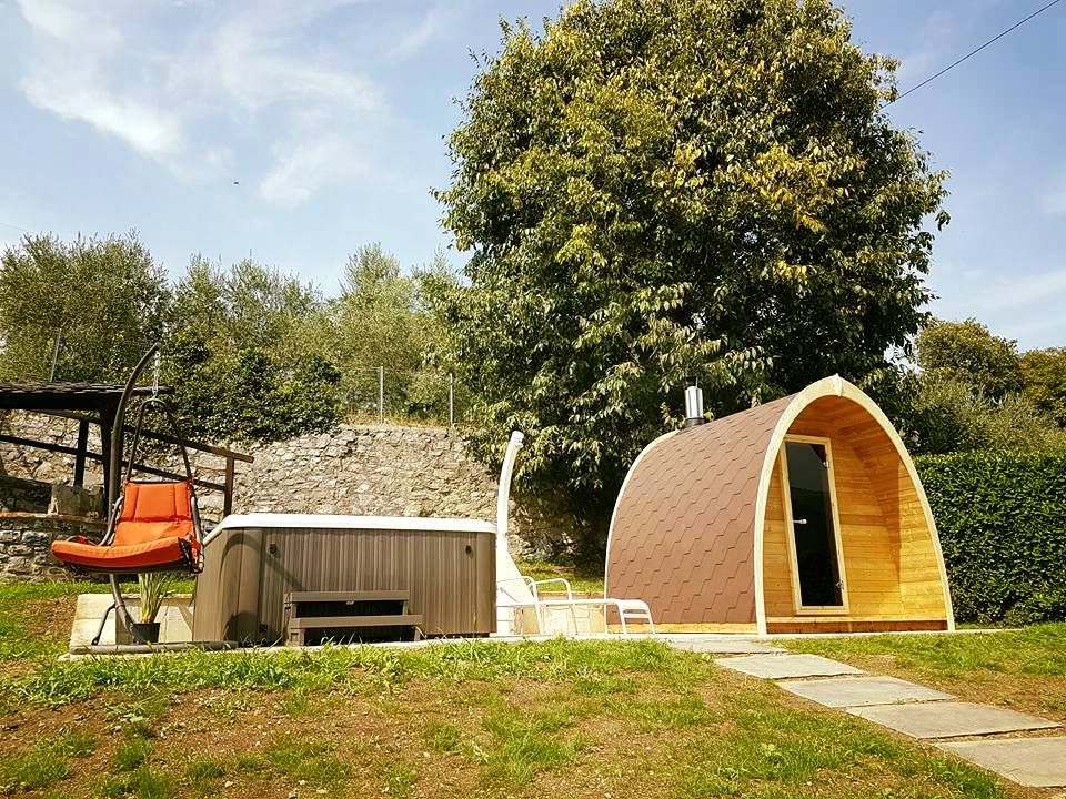 Saunamo Pod ao lado de uma cabana de madeira e jardim.