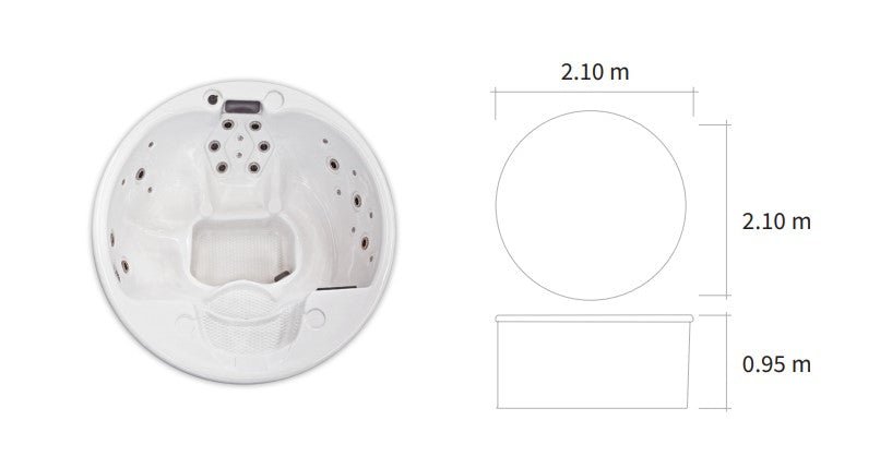 Banheira Saunamo Serena 210 com design moderno e diagrama.