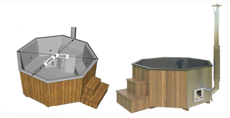 Banheira de hidromassagem Saunamo Thermalux 240 com escadas de madeira.