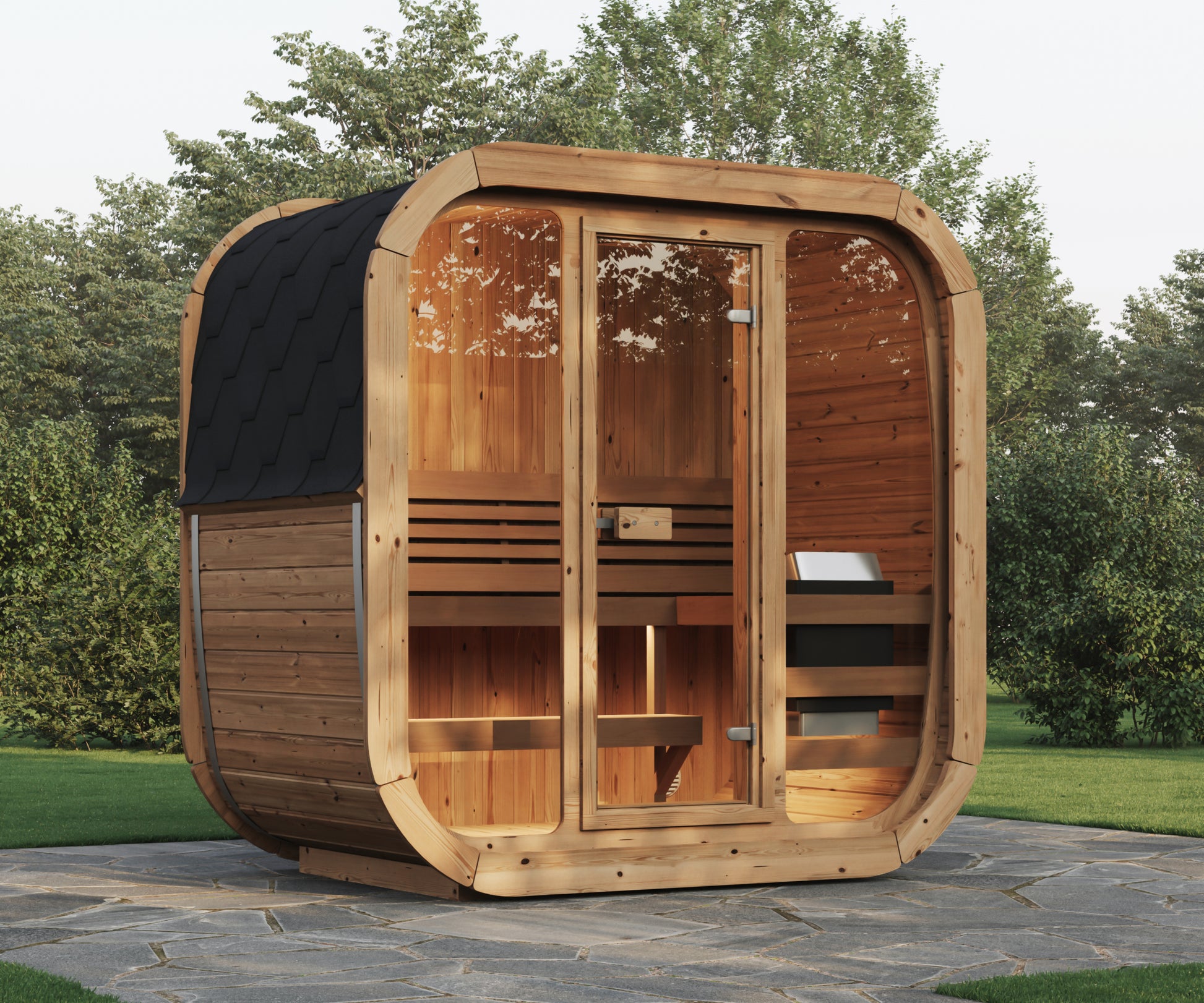 Sauna Exterior Cube 125 com porta de vidro temperado.