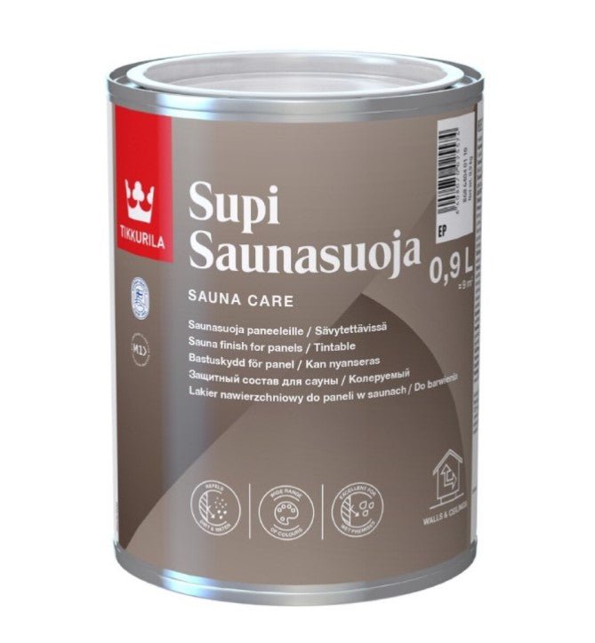 Tikkurila Sauna Finish 0,9L: Lata de acabamento repelente para saunas.