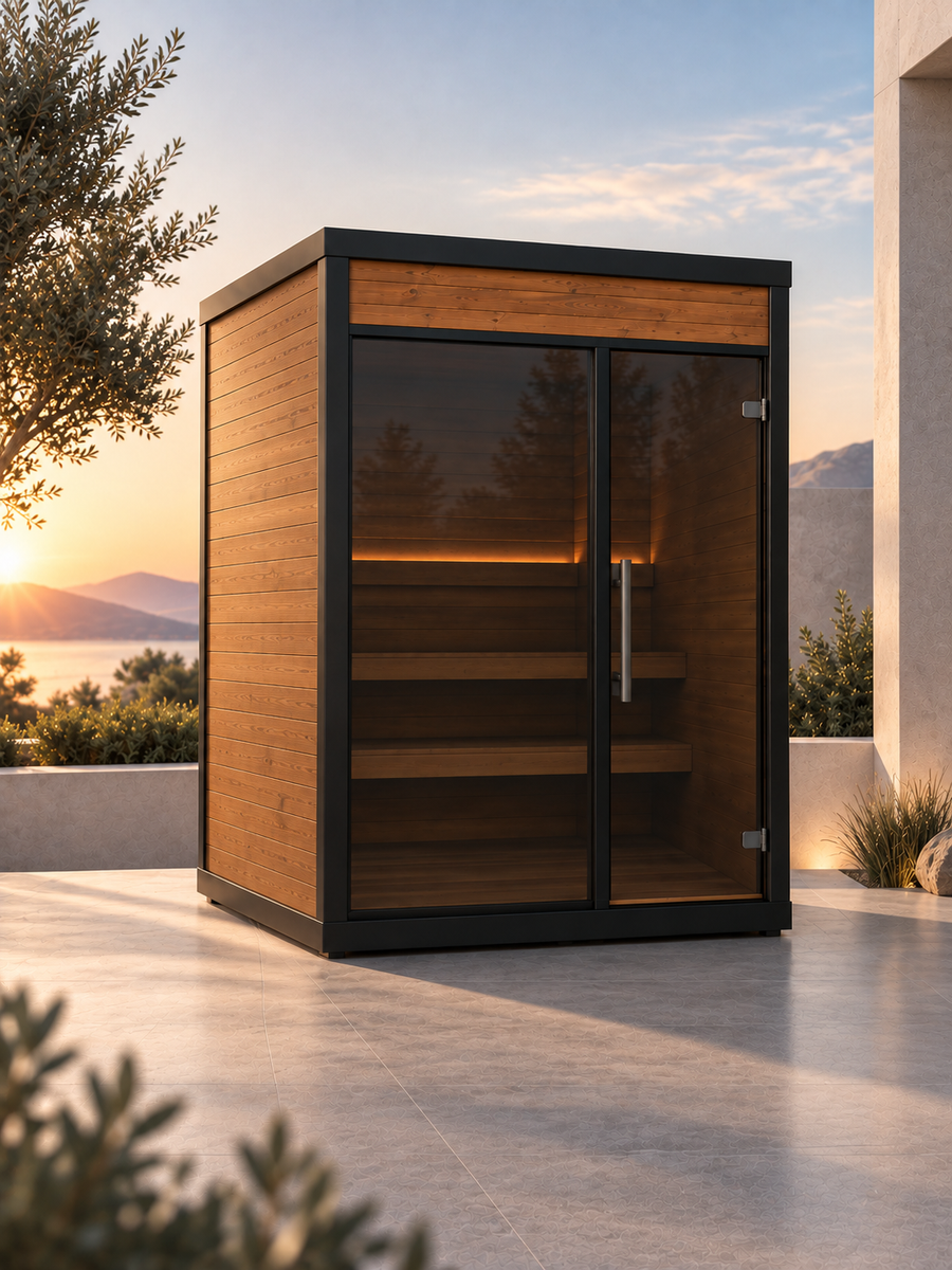 Usko S — vista a três quartos no mesmo terraço ao pôr do sol.
